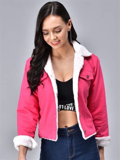 Buy Funday Fashion Spread Collar Cotton Denim Jacket With Faux Fur Trim ...