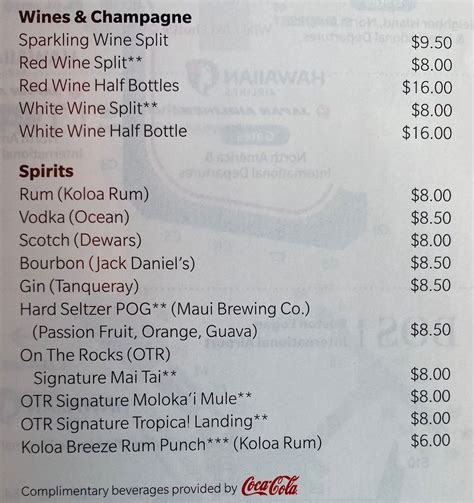 Southwest Airlines Beverage Menu