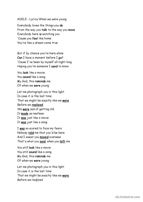ADELE - WHEN WE WERE YOUNG song and…: Français FLE fiches pedagogiques pdf & doc