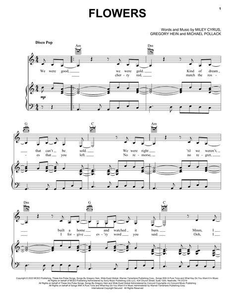 Flowers by Miley Cyrus Sheet Music for Piano, Vocal & Guitar Chords ...