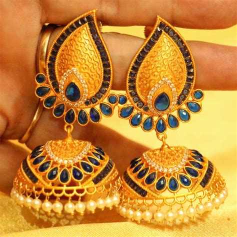 Blue Gold Plated Paisley Look Matt Finish Jhumka – Sanvi Jewels