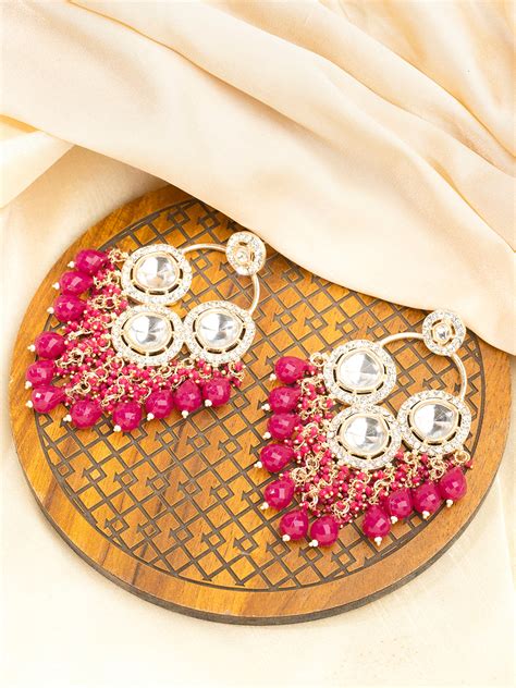 Priyaasi Magenta & Gold Plated Polki Drop Earrings