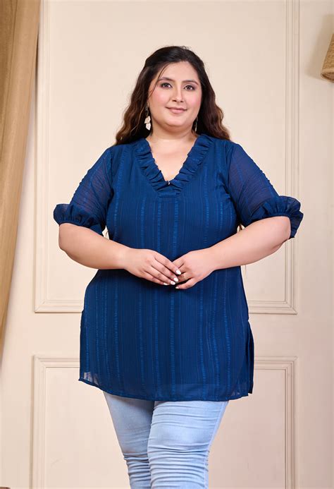 Plus Size Teal Blue Short Ruffle Neck Georgette Kurta – DESINOOR.COM