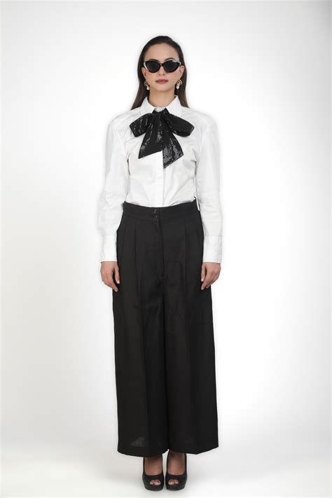 White Shirt with Black Sequins Bow | Elegant & Statement-Making Top – Kovet