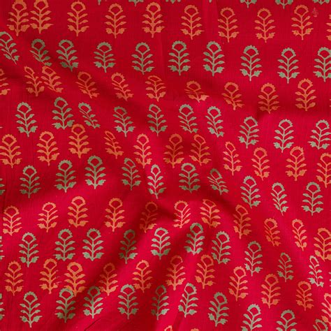 Pure Cotton Doby Discharge Red With Light Orange And Green Small Flowe ...