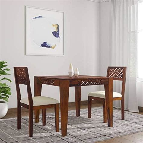 Woodrilon Solid Sheesham Wood 2 Seater CNC Dining Table with Cushion ...