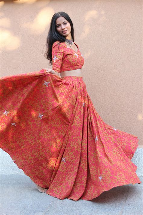 Gerua Hand Block Printed Embroidered Cotton Lehenga Set - Mogra Designs