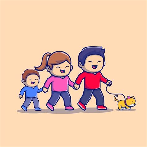 Cute family walking cartoon icon illustration. people sport icon ...