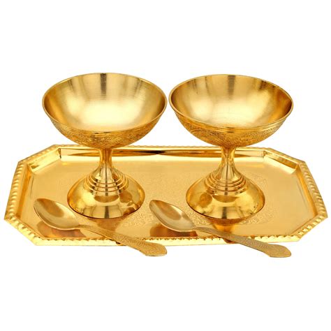 Golden Color Brass Designer Ice Cream/Dessert Bowl Set with Tray ...