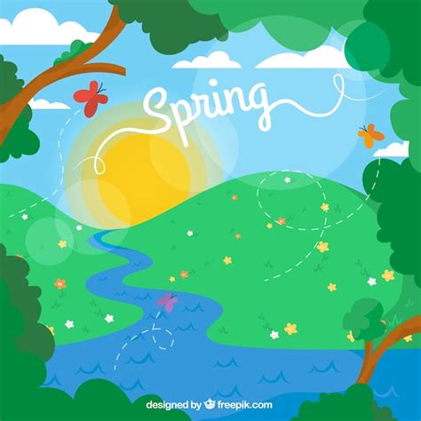Premium Vector | Cartoon spring landscape