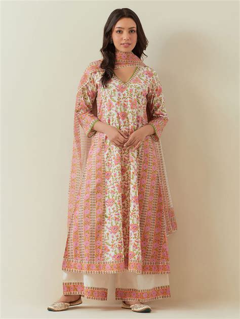 Buy Grey Off White Hand Block Printed Cotton Kurta with Palazzo-Set of ...