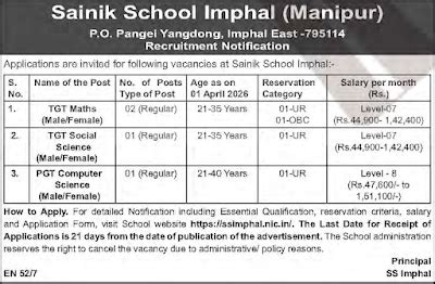 Sainik School Imphal Teacher Recruitment 2026 Apply for 04 Posts | Last ...