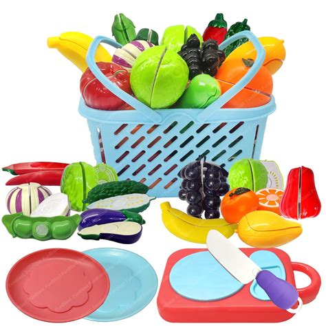 Fruits and Vegetables Play Set Toys, Realistic Sliceable Cutting Prete ...