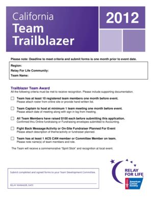 Fillable Online relay acsevents Trailblazer Form 2012 - Relay For Life ...