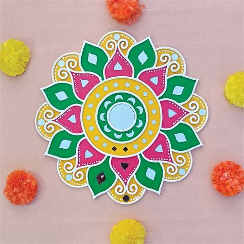 Buy Handmade Green & Yellow Lippan Art Floral MDF Rangoli Online On Zwende