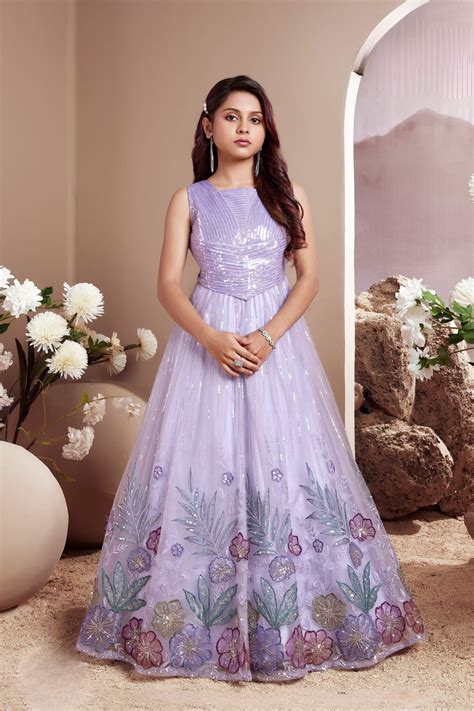 Designer Lavender Floral Embroidered Sequined Party Gown For Girls ...