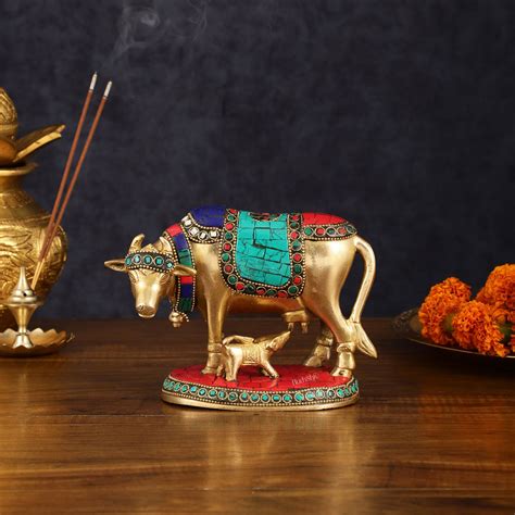 Buy Brass Kamdhenu Cow with Calf Idol with Stonework Budhshiv.com