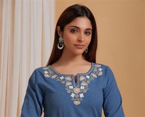 Blue Embroidered Cotton Kurta
