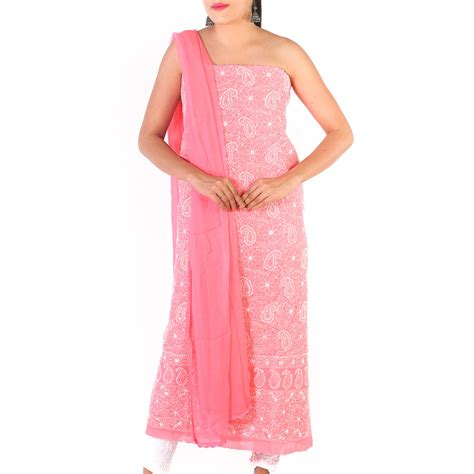 Seva Chikan Hand Embroidered Pink Cotton Lucknowi Chikankari Unstitche