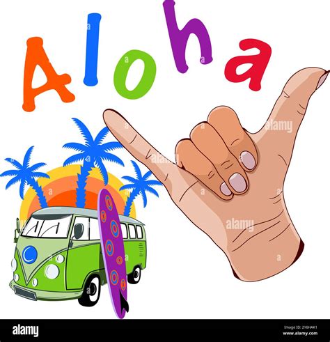 Aloha Shaka Hawaii Hawaiian Hand Sign with surfboard vector ...