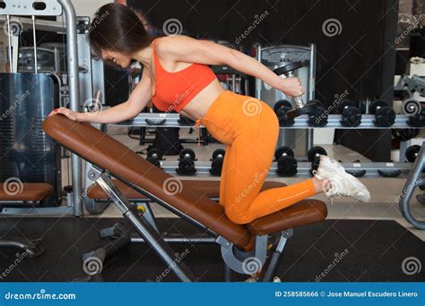 Beautiful Young Woman with a Sculpted Body Exercising on a Weight Bench. she Has One Knee Up and ...