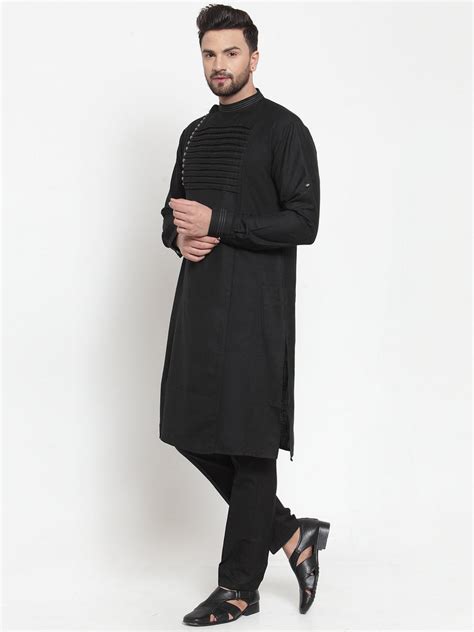 Designer Black Kurta With Aligarh Pajama Set in Linen For Men by Treem ...