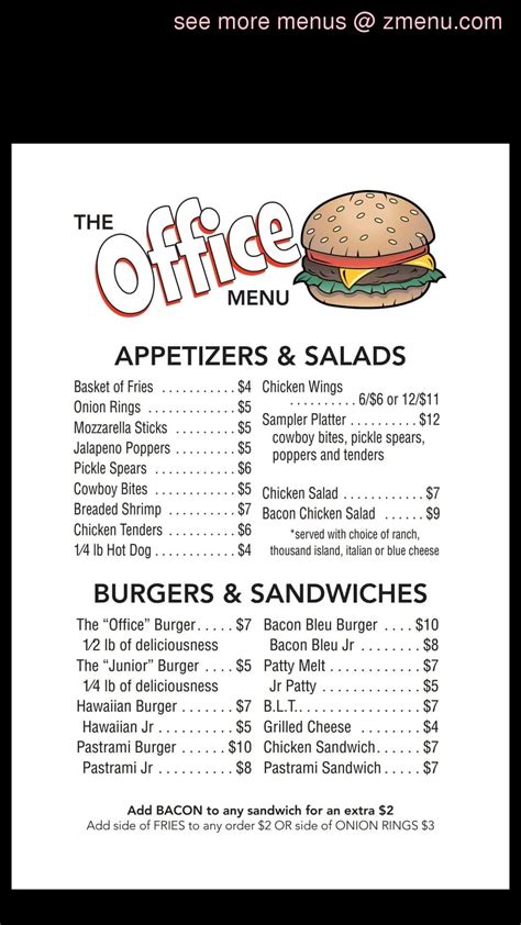 Online Menu of The Office Cocktail Lounge & Grill Restaurant, Lake ...