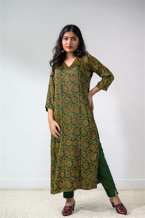 Green Vines Modal Silk Ajrakh Print Straight Kurta- Lobha Deepthis