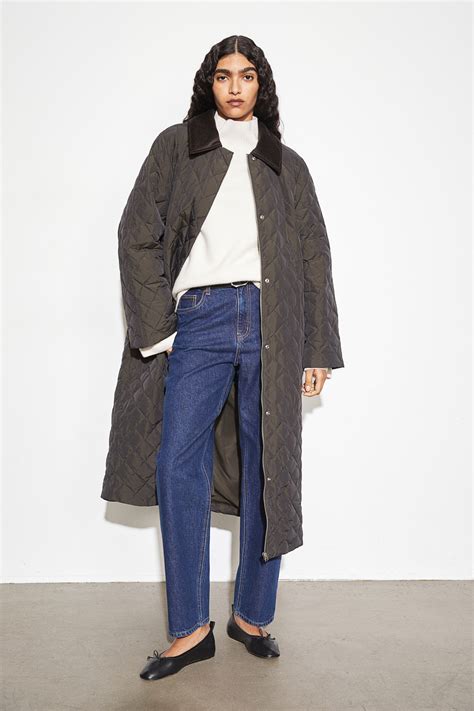 Quilted down coat - Long sleeve - Long - Dark green - Ladies | H&M GB