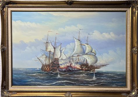 J.Harvey - J.Harvey Large Oil painting on canvas, SHIPS BATTLE AT SEA, Signed, Framed For Sale ...