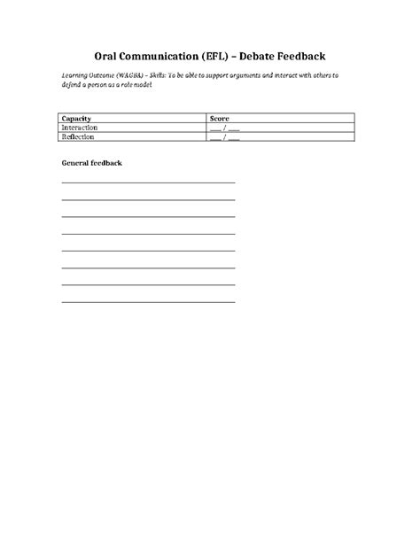 Oral Debate Feedback MIN Template - Oral Communication (EFL) – Debate Feedback Learning Outcome ...