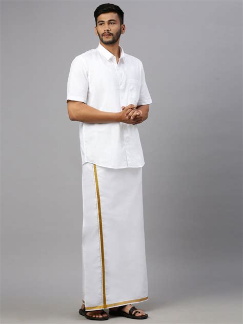 Men 100% Cotton Readymade Double Layer White Dhoti with Gold Jari ...