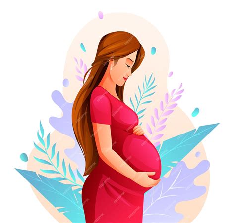 Premium Vector | Pregnant woman hugging her belly with nature leaves ...