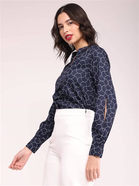 Buy Navy Blue Geometric Print Top Online | FableStreet