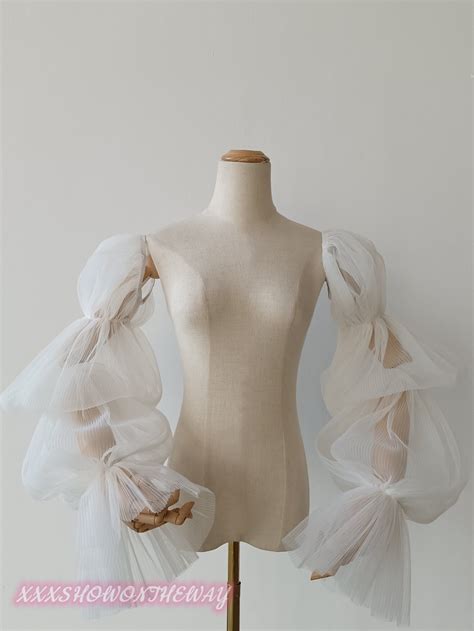 Ivory/Black Pleated Multi Layered Puff Sleeves/Bandeau Dress Accessories/Detachable Sleeves ...