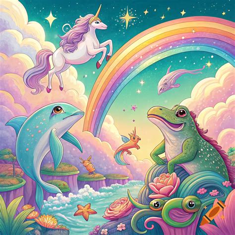 Colorful fantasy scene with a unicorn, dolphin, and frog under a ...
