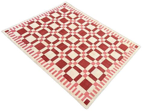 Buy Handmade Cotton Dhurrie Rug: Red and Cream Geometric Flat Weave ...