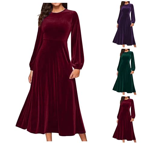 Brnmxoke Elegant Velvet Dress for Women,Women's Round Neck Velvet Maxi ...