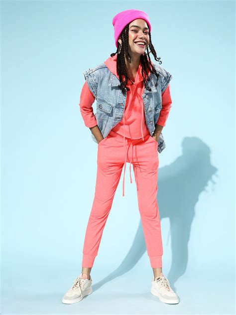 Buy Women Neon Pink Drawstring Crop Hoodie Online At Best Price ...