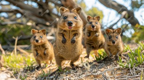 Adorable quokka family in natural habitat on sunny day smiling wildlife rare australian animals ...