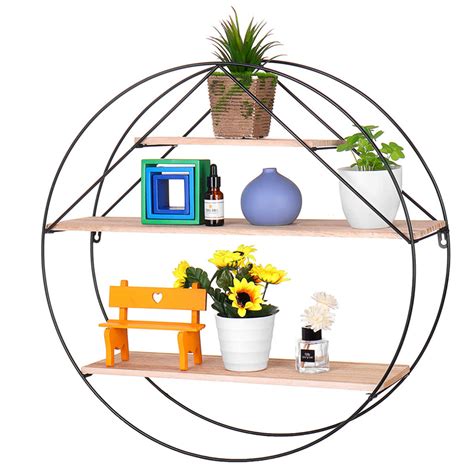 Buy Retro Round Wall Mounted, 3-Layer Wooden Floating Shelves Iron Wall ...