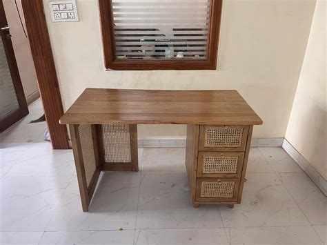 Ervin Solid Ash Wood & Rattan Office Desk – Nismaaya Decor