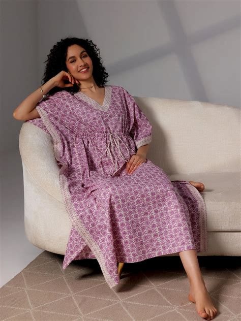 Buy Purple Printed Cotton Kaftan Night Dress Online at Rs.539 | Libas