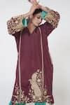 Buy Wine Silk, Organza Embroidery V-neck Kashmiri Tilla Fleur Kurta ...