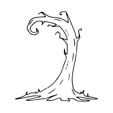 Crooked tree with gnarled roots linear silhouette of plant graphic ...