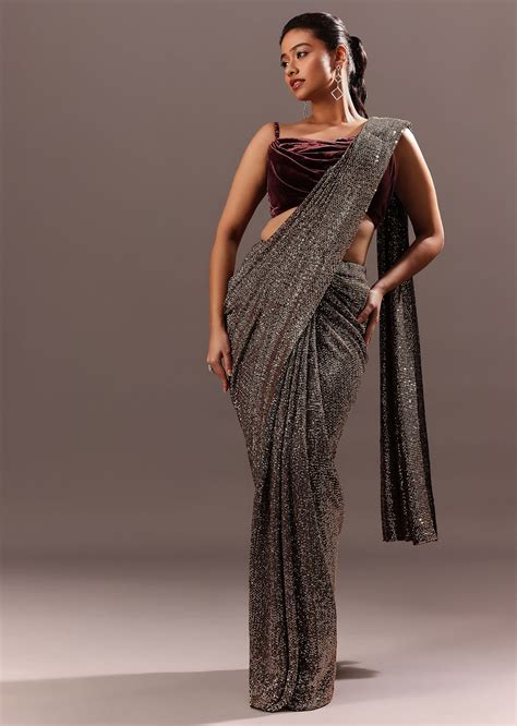 Pre Stitched Brown Sequined Saree With Cowl Blouse| KALKI Fashion India