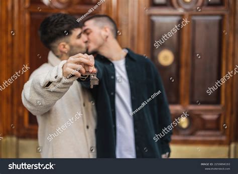 Affectionate Gay Couple House Key Kissing Stock Photo 2259894193 ...