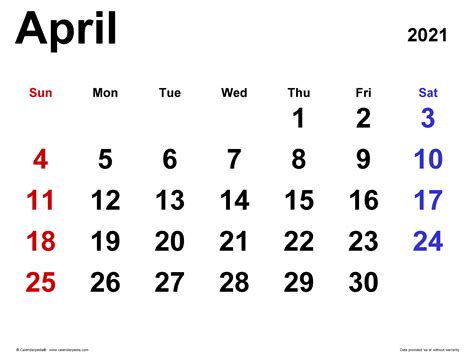 April 2021 Calendar | Templates for PDF, Excel and Word