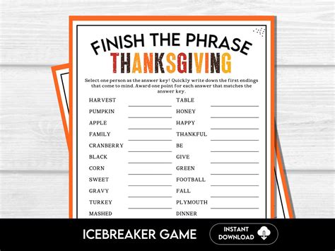 Thanksgiving Finish the Phrase Game, Printable Icebreaker (digital ...