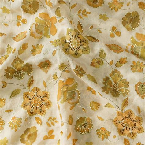 Heavy Georgette White With Light Mustard Flowers With Zari Work Print ...